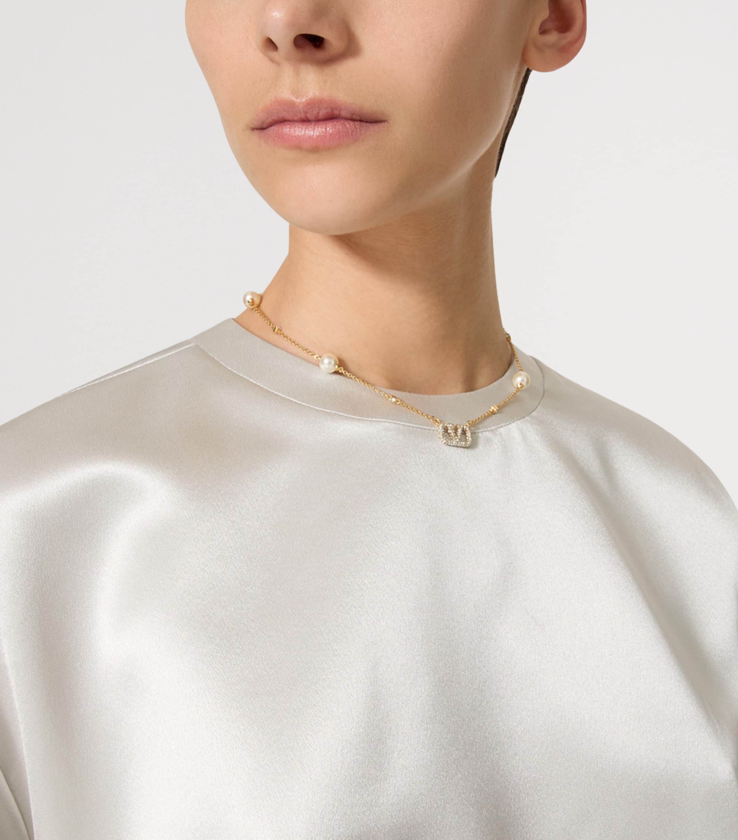 Valentino Garavani Crystal and Faux Pearl VLogo Necklace | Harrods US