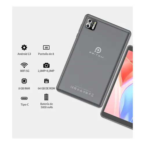 Tablet Pritom B8 Android 13 8gb Ram 4+4 Expansível 64gb Cor Cinza
