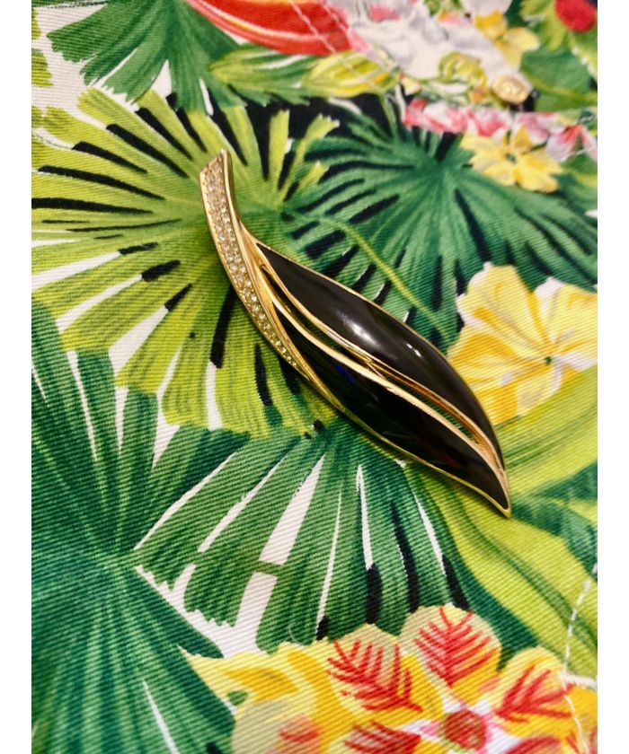1980s CHRISTIAN DIOR ENAMEL LEAF gold plated crystal BROOCH - Hunt