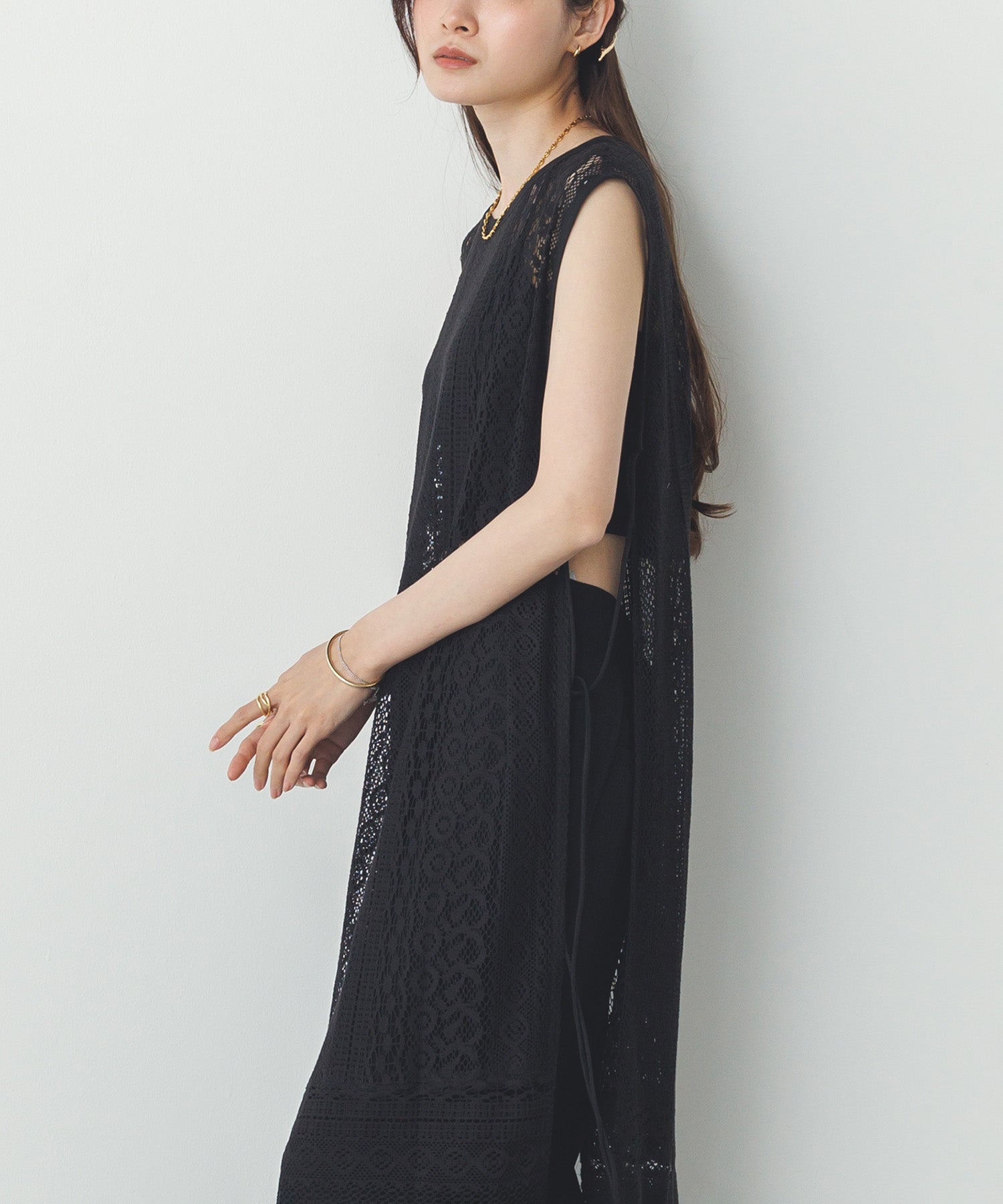 レースレイヤード ノースリーブ ワンピース