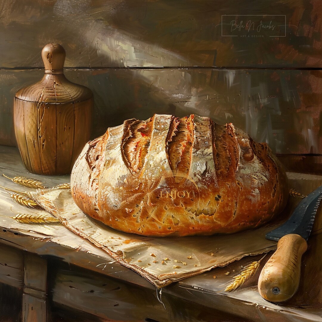 Vintage Sourdough Bread Still Life Print: Rustic Kitchen Wall Art