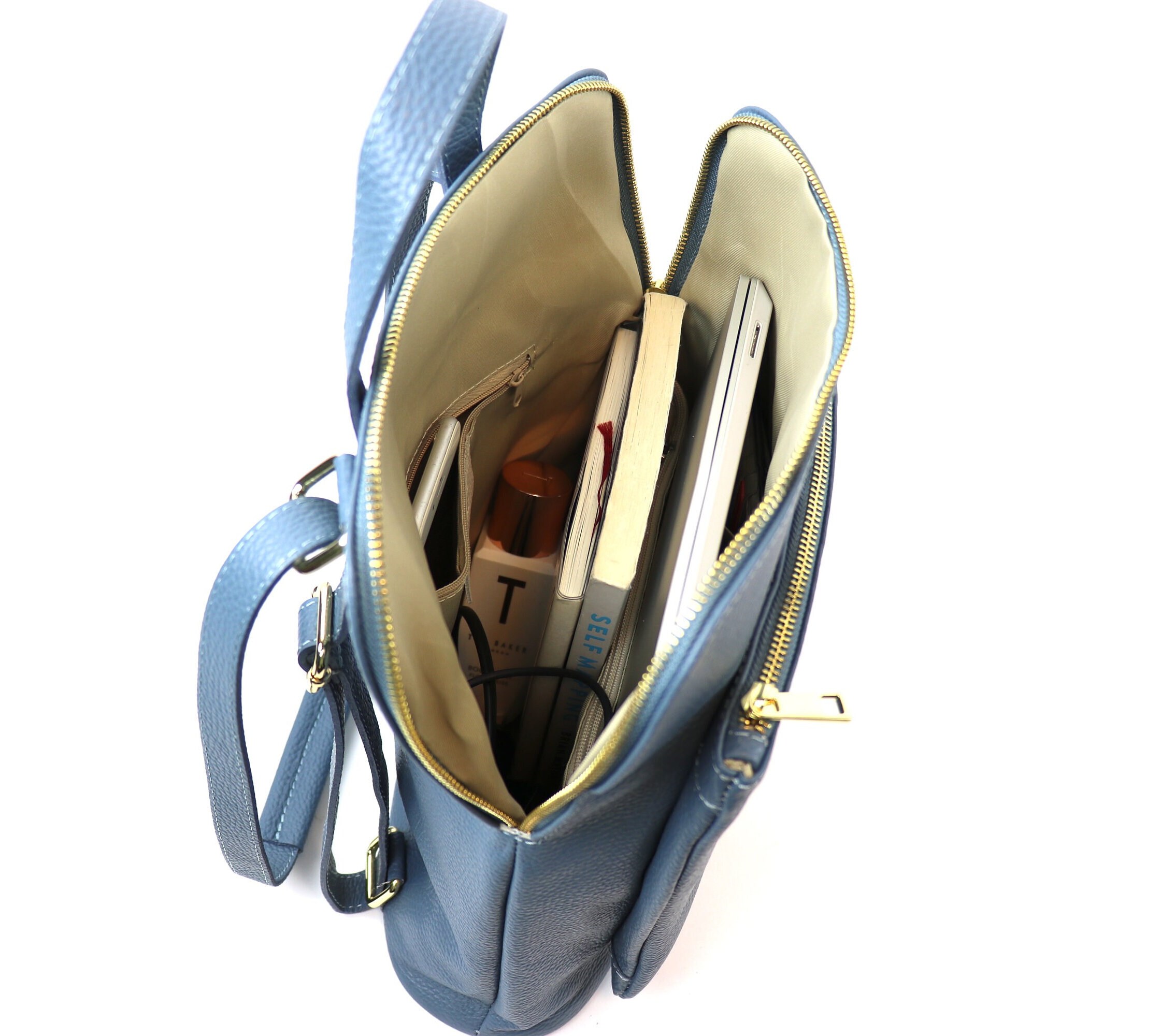 ハンドメイドデニムブルーイタリアンレザーバックパック：多機能