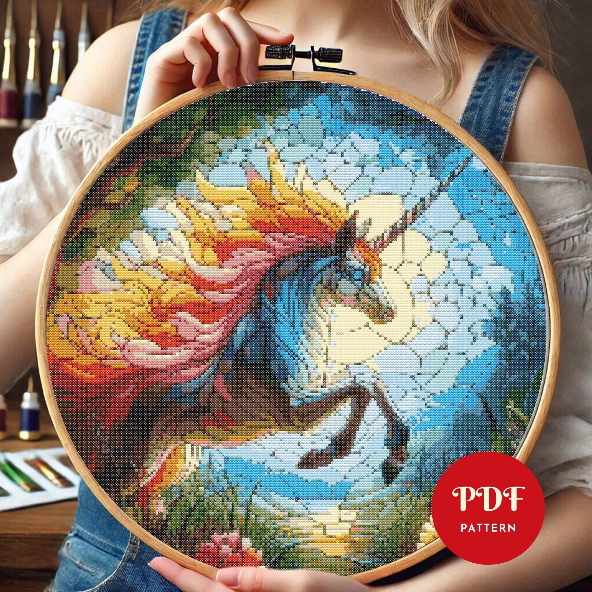 レインボーユニコーンのクロスステッチパターン、ステンドグラスの刺繍