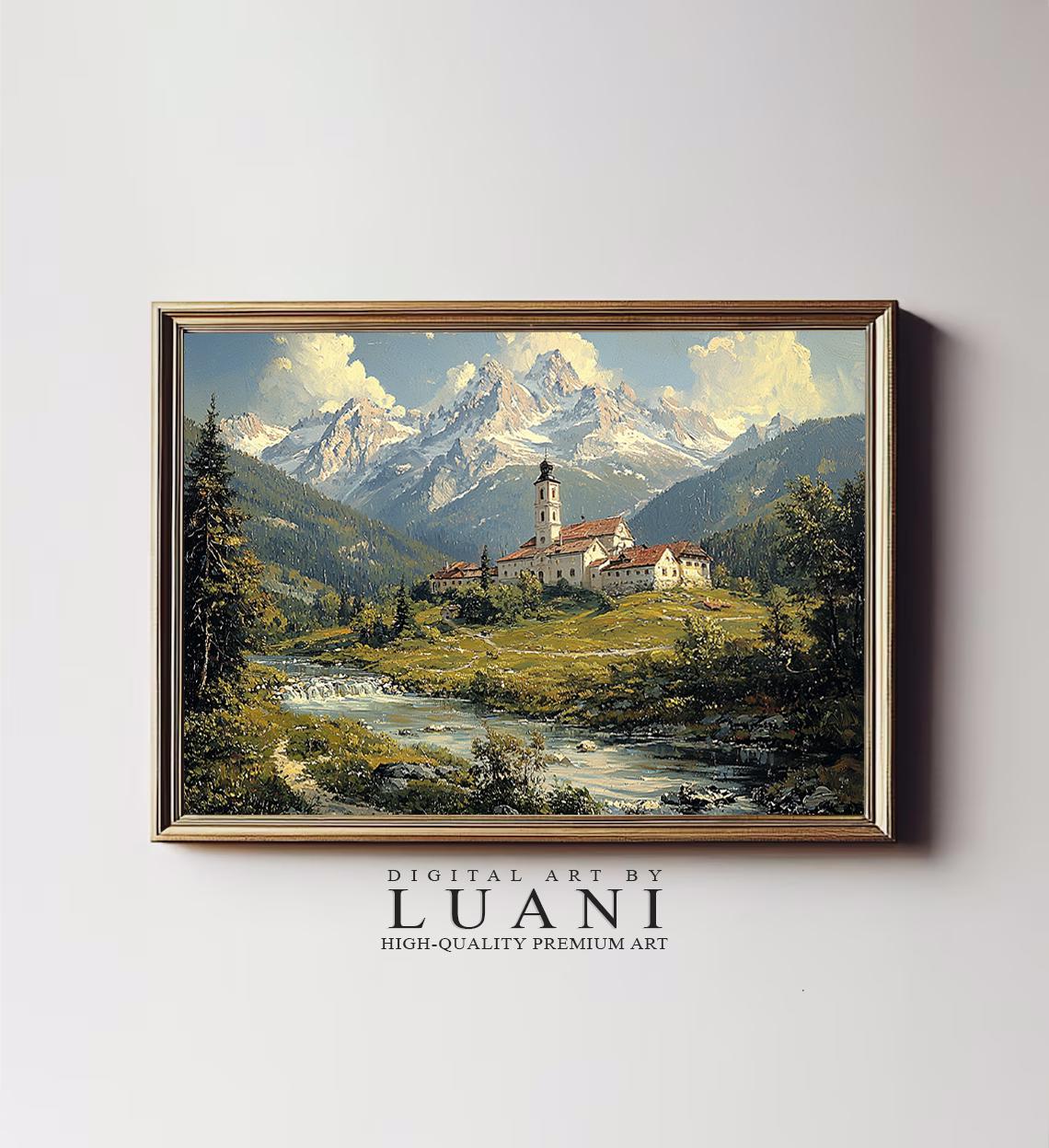 山村の絵画：ヨーロッパの風景画アートプリント（デジタルダウンロード