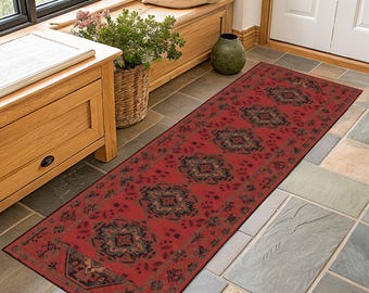 赤いアンティーク調トルコ製ランナーラグ：ボヘミアン・ウシャック