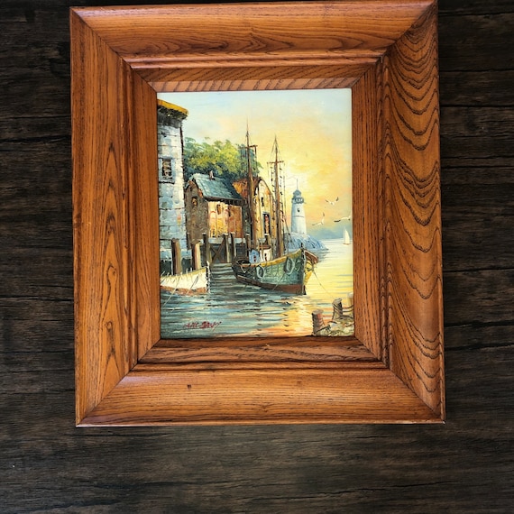 Vintage Max Savy Oil Painting: Harbour Scene With Lighthouse in