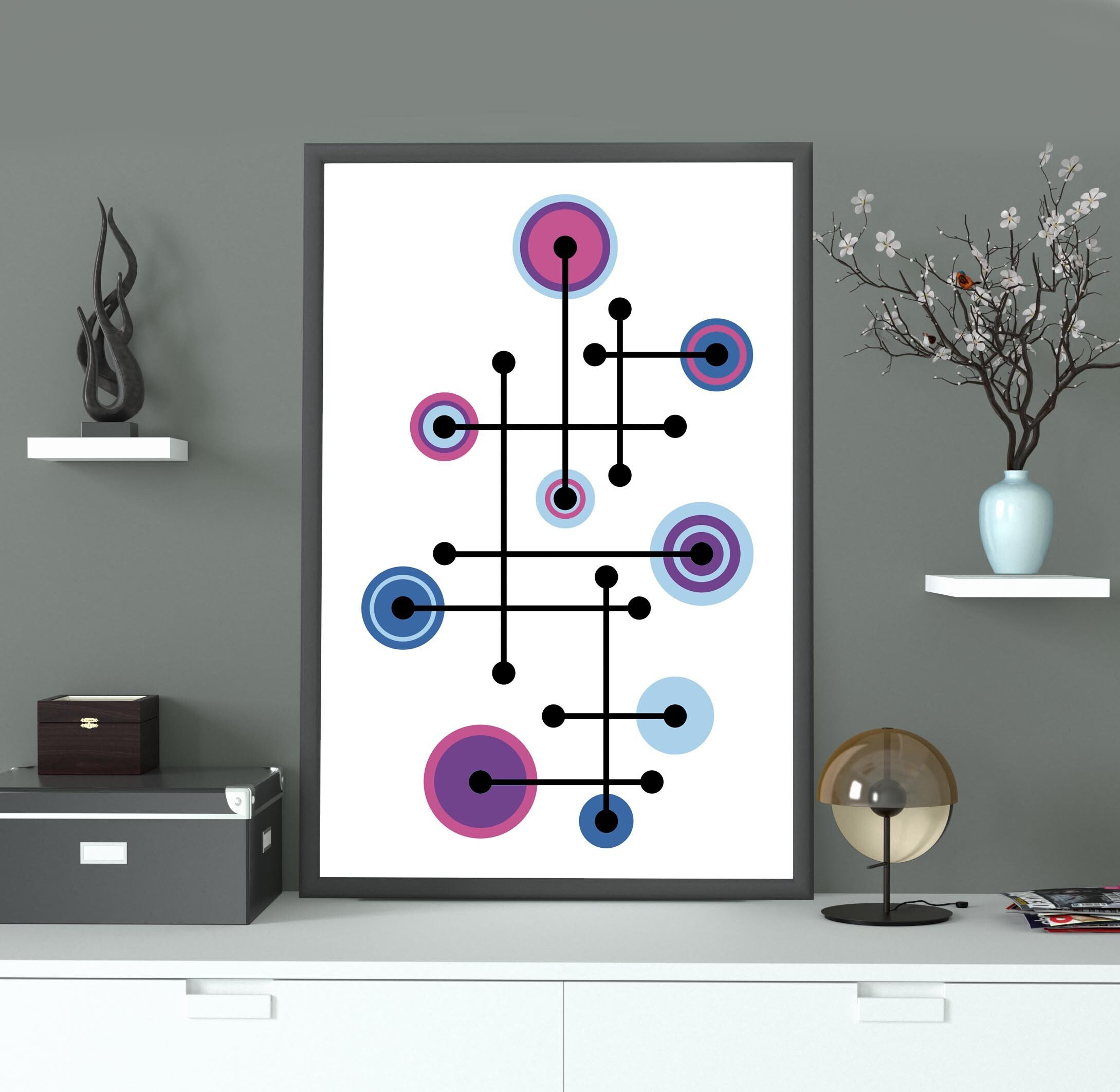 Modern Mid-century Art Print | Scandinavian Poster, Purple Blue