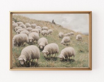 アンティーク羊の絵画：ヴィンテージ農家の風景画（デジタル印刷可能