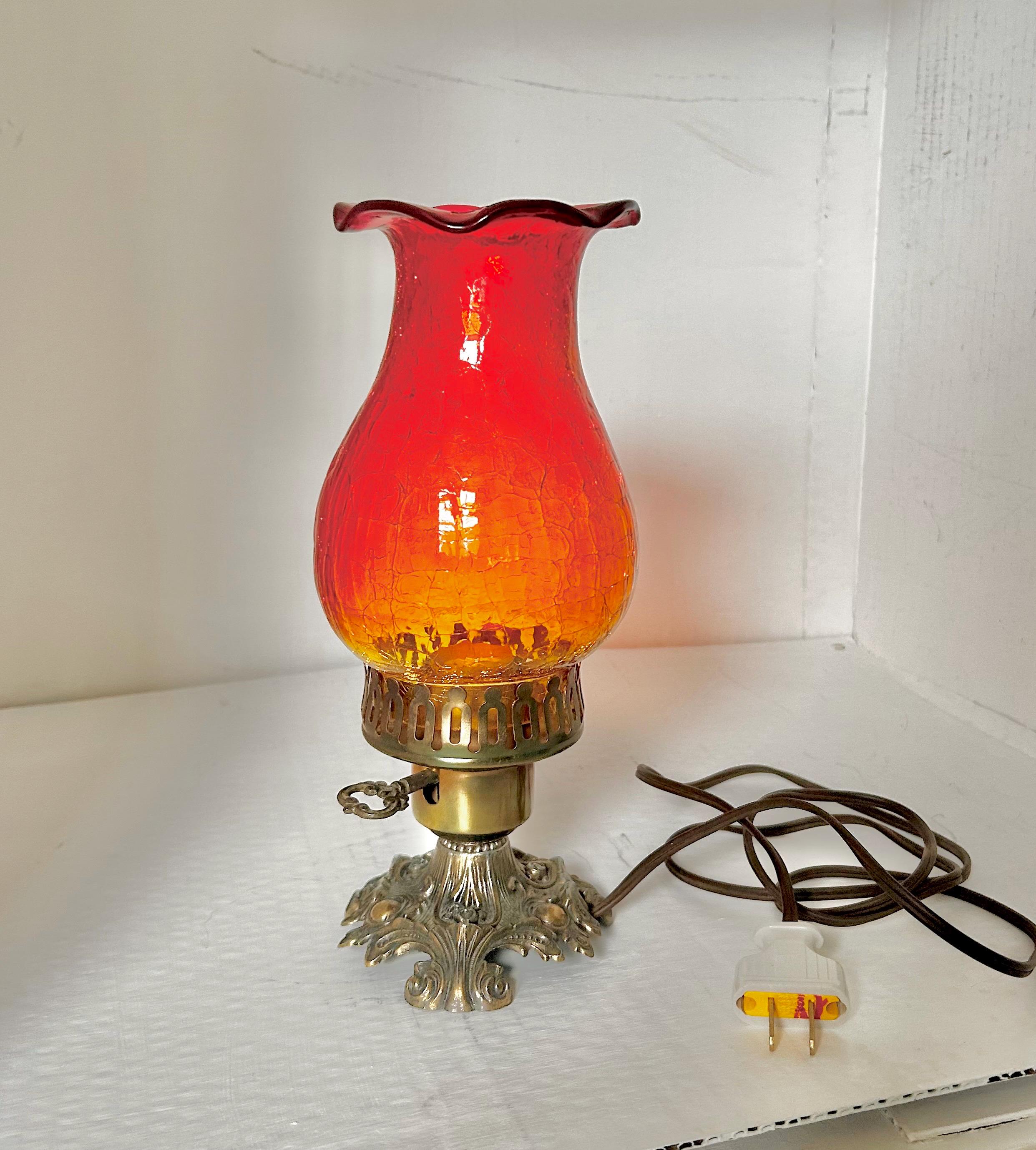 Vintage Amberina Crackle Glass Hurricane Lamp: Brass Base, Ruffled