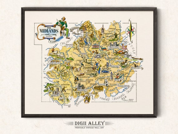 イギリス、イングランド、ミッドランド地方の楽しい地図 - デジタル