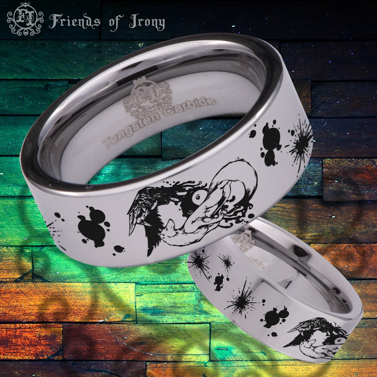 Yin Yang Wolf and Raven Custom Personalize Laser Engrave Tungsten