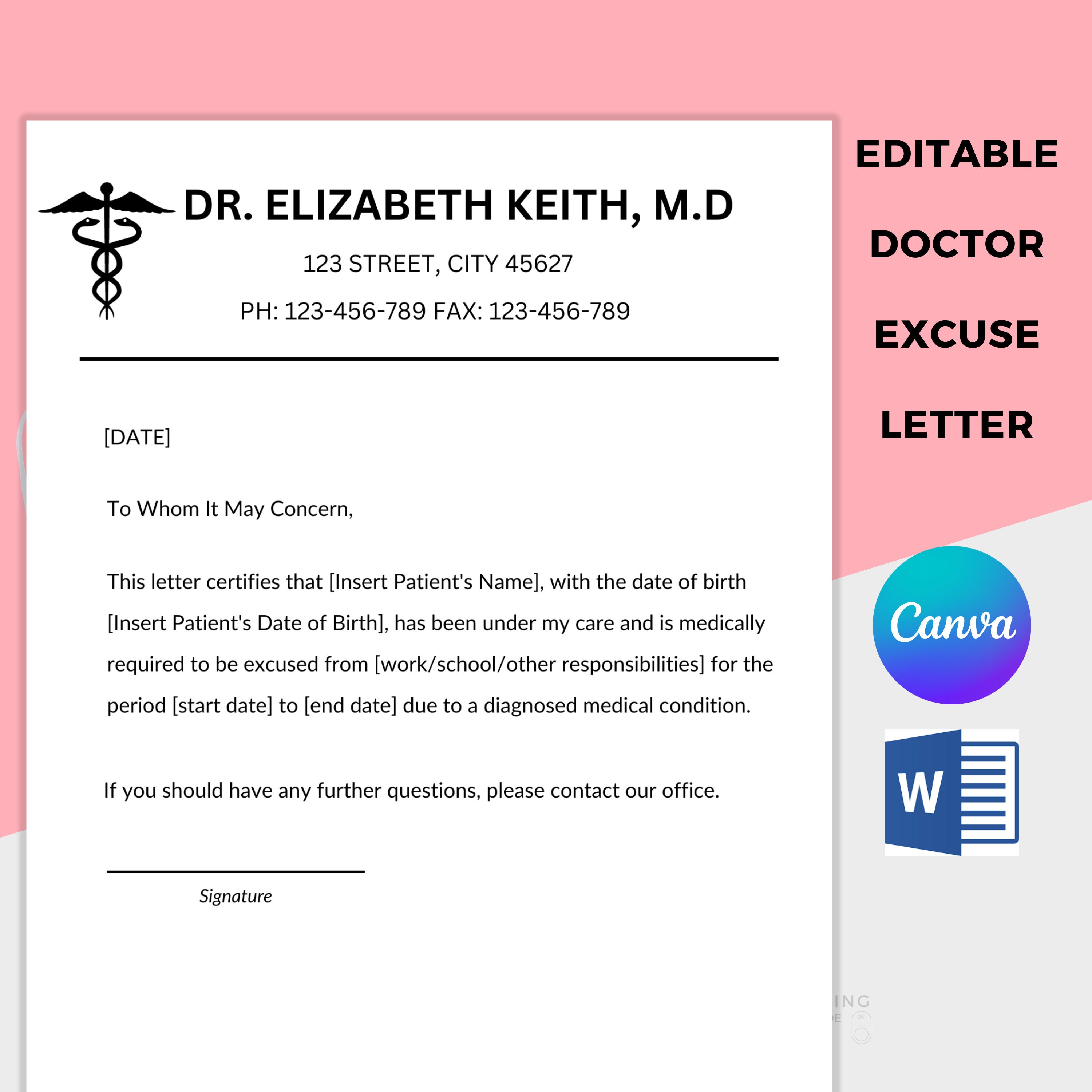 Doctor's Excuse Note, Sick Leave Letter, Medical Condition Letter