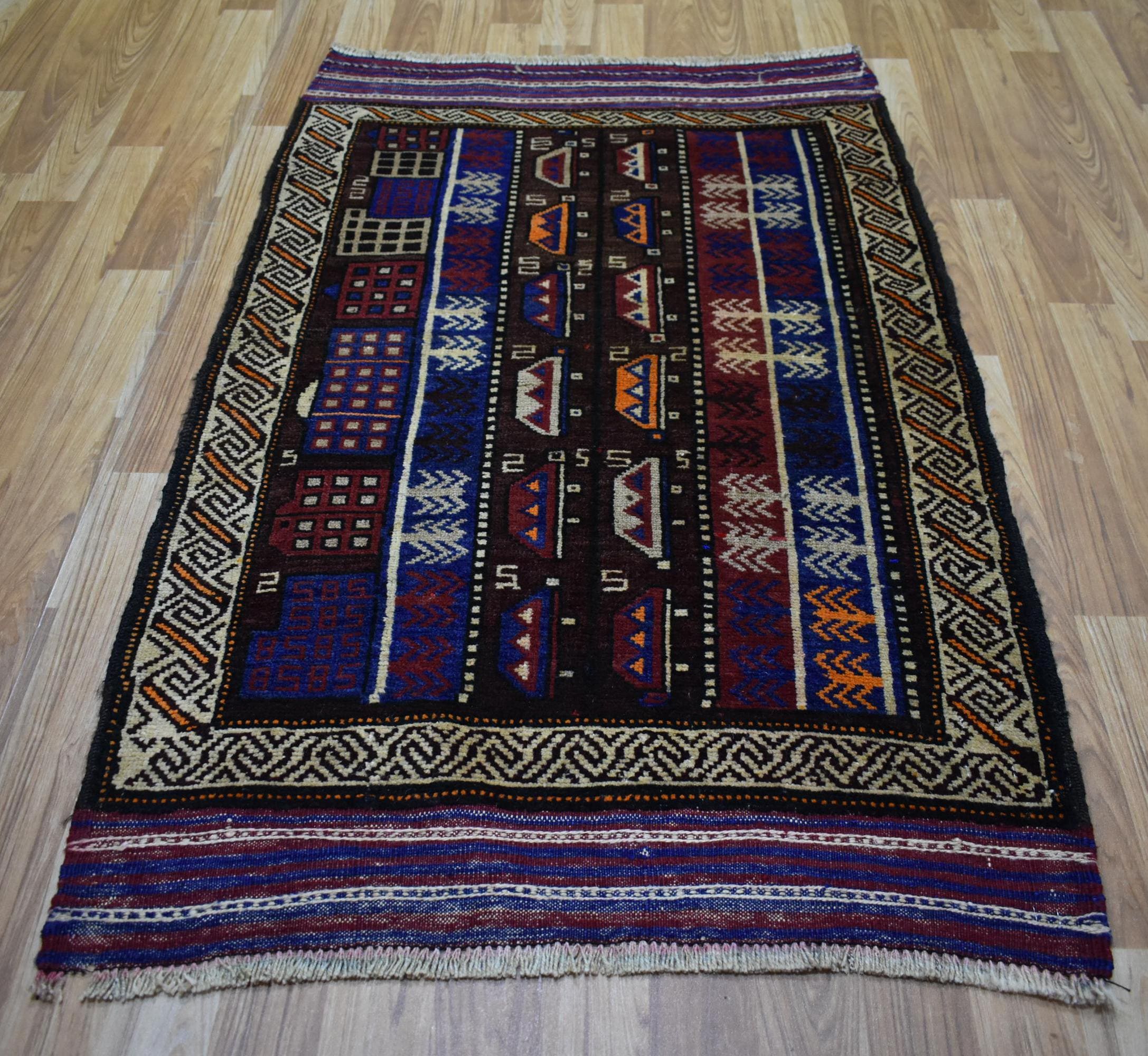 ヴィンテージアフガニスタン手織り段通 193×112 幾何学模様の