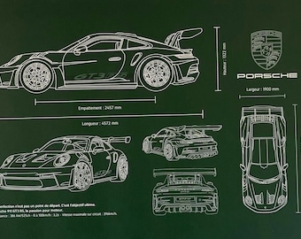 キャンバスプリント - ポルシェ 911 GT3 RS - 詳細な技術図面 ネイビー