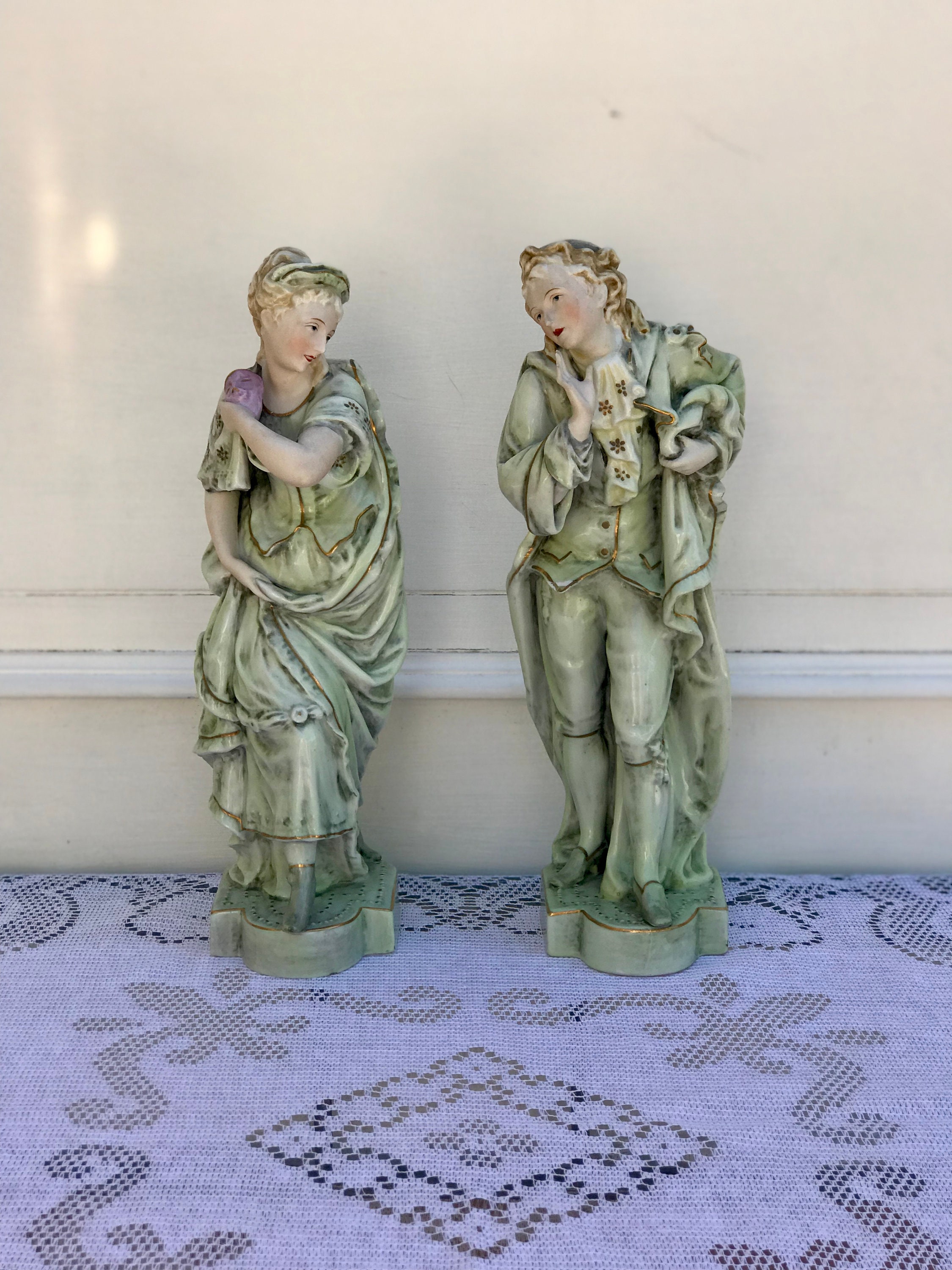 Antique Kalk Germany Porcelain Rare Pair Man Women Mirrored 12.25