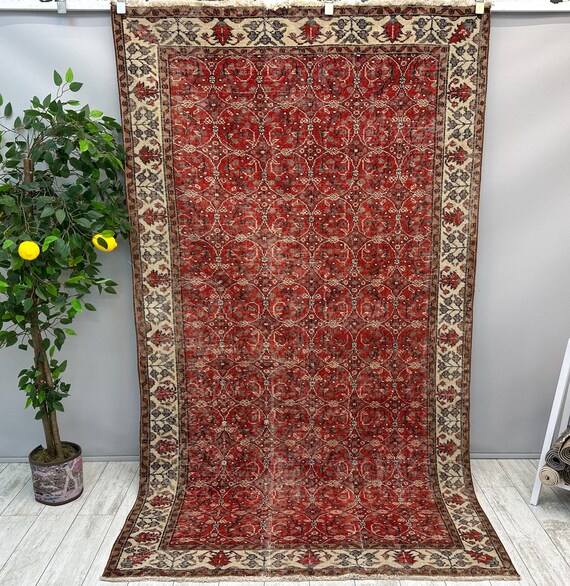 4x8 Red Medallion Rug, Turkish Farmhouse Rug, Rustic Home Rug