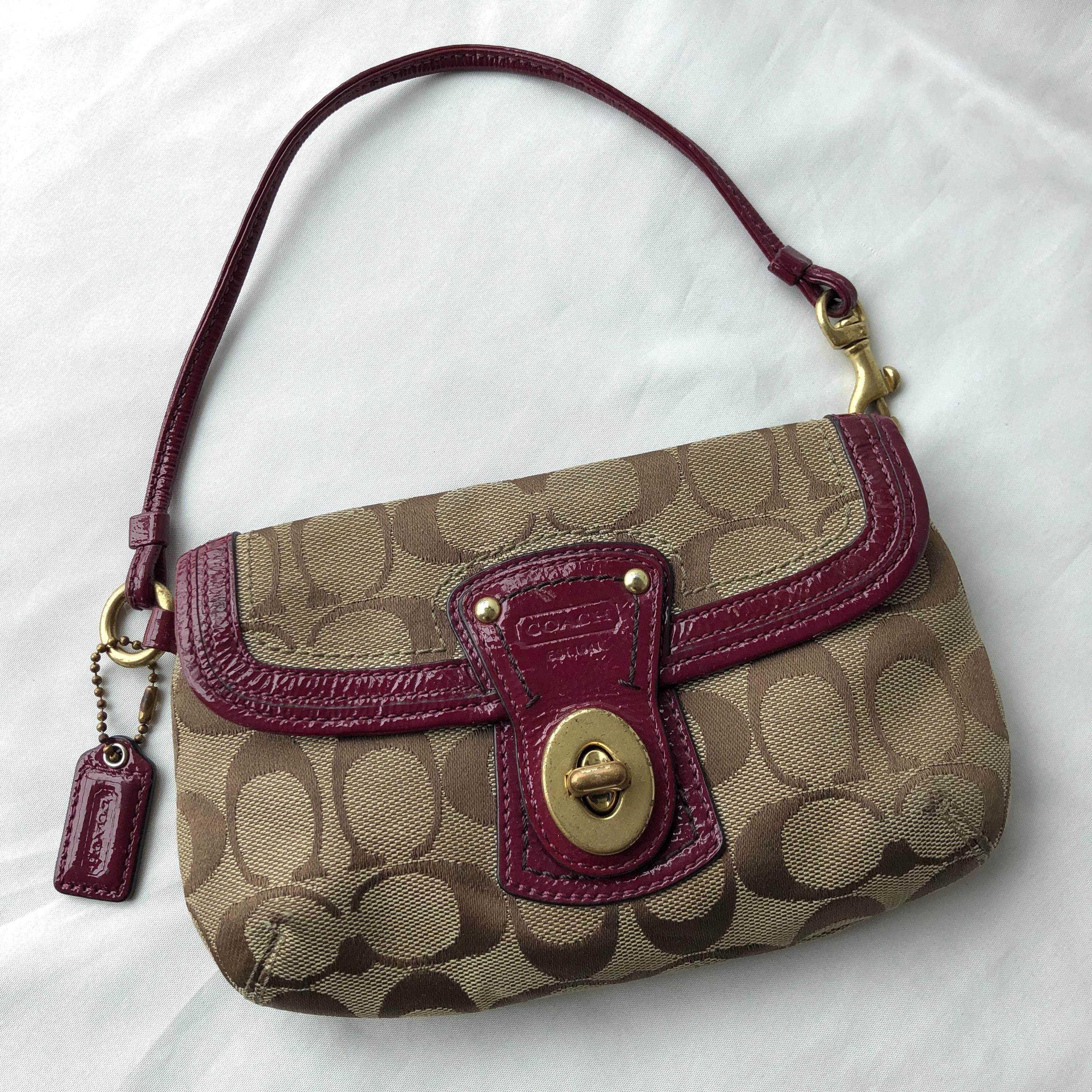 Coach Legacy Turn Lock Wristlet Brown Signature Canvas Burgundy