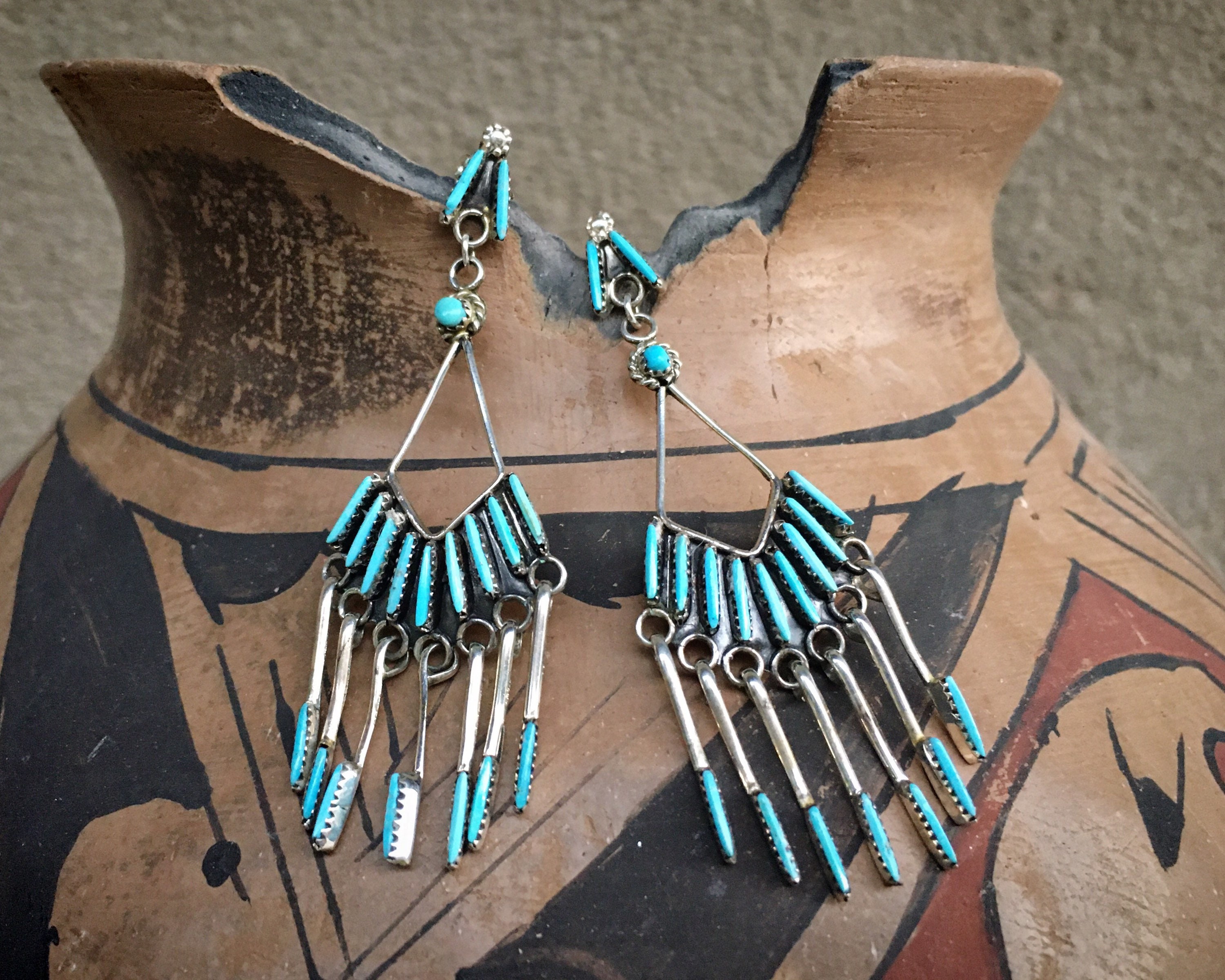 2-1/2 Zuni Needlepoint Turquoise Earrings, Native American Indian