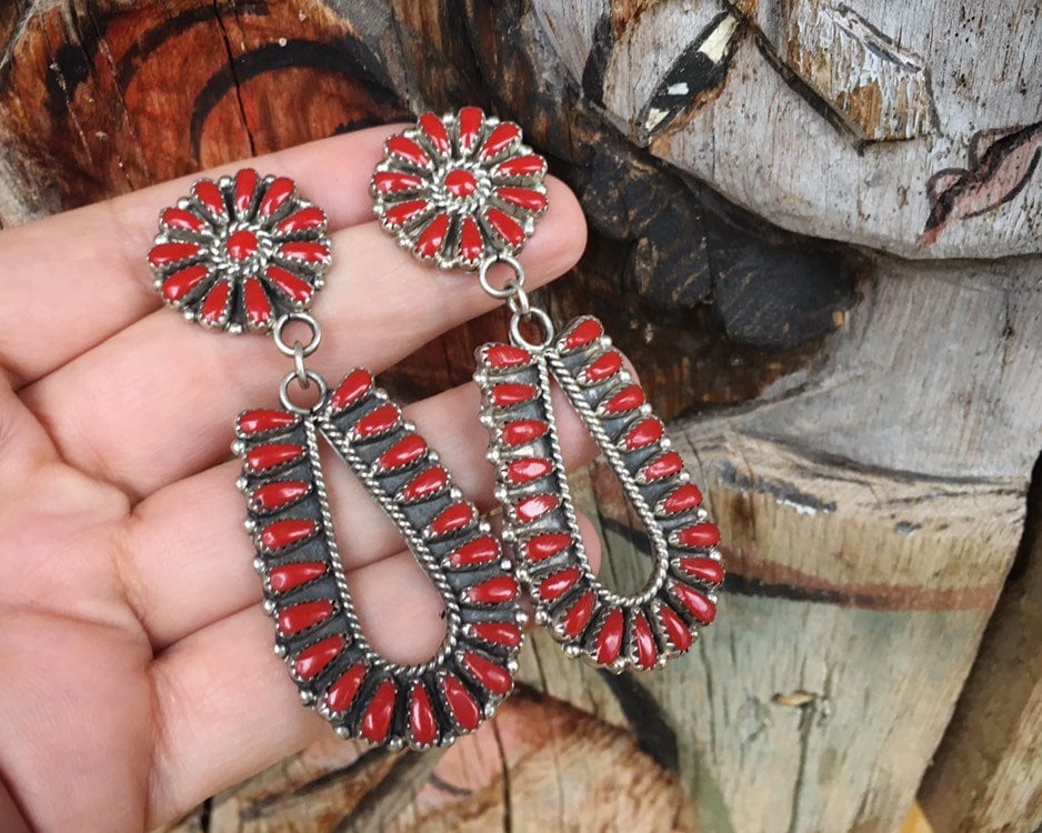 Large Zuni Petit Point Coral Earrings for Women, Native America