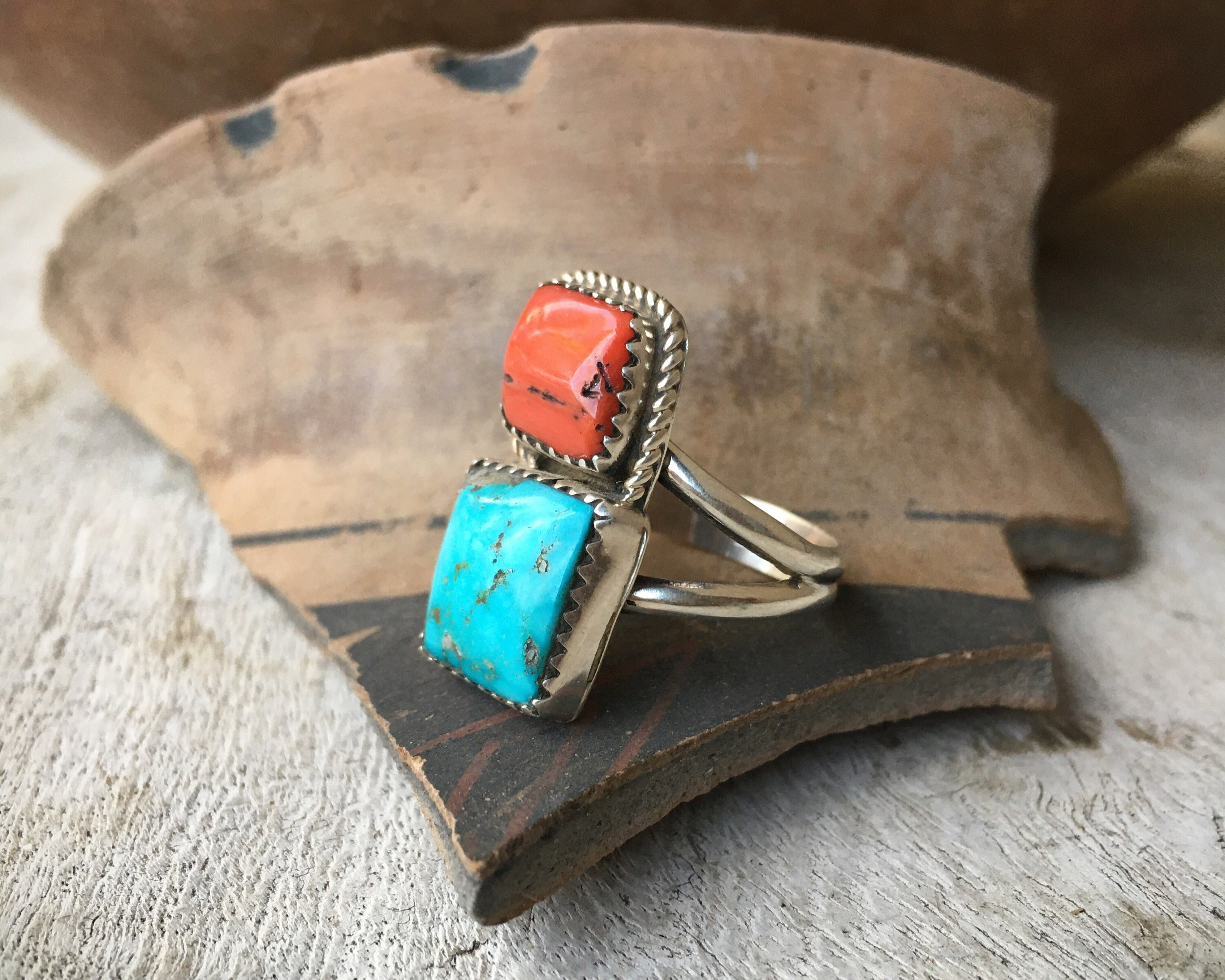 Small Turquoise and Red Jasper Ring Size 8, Navajo Native American