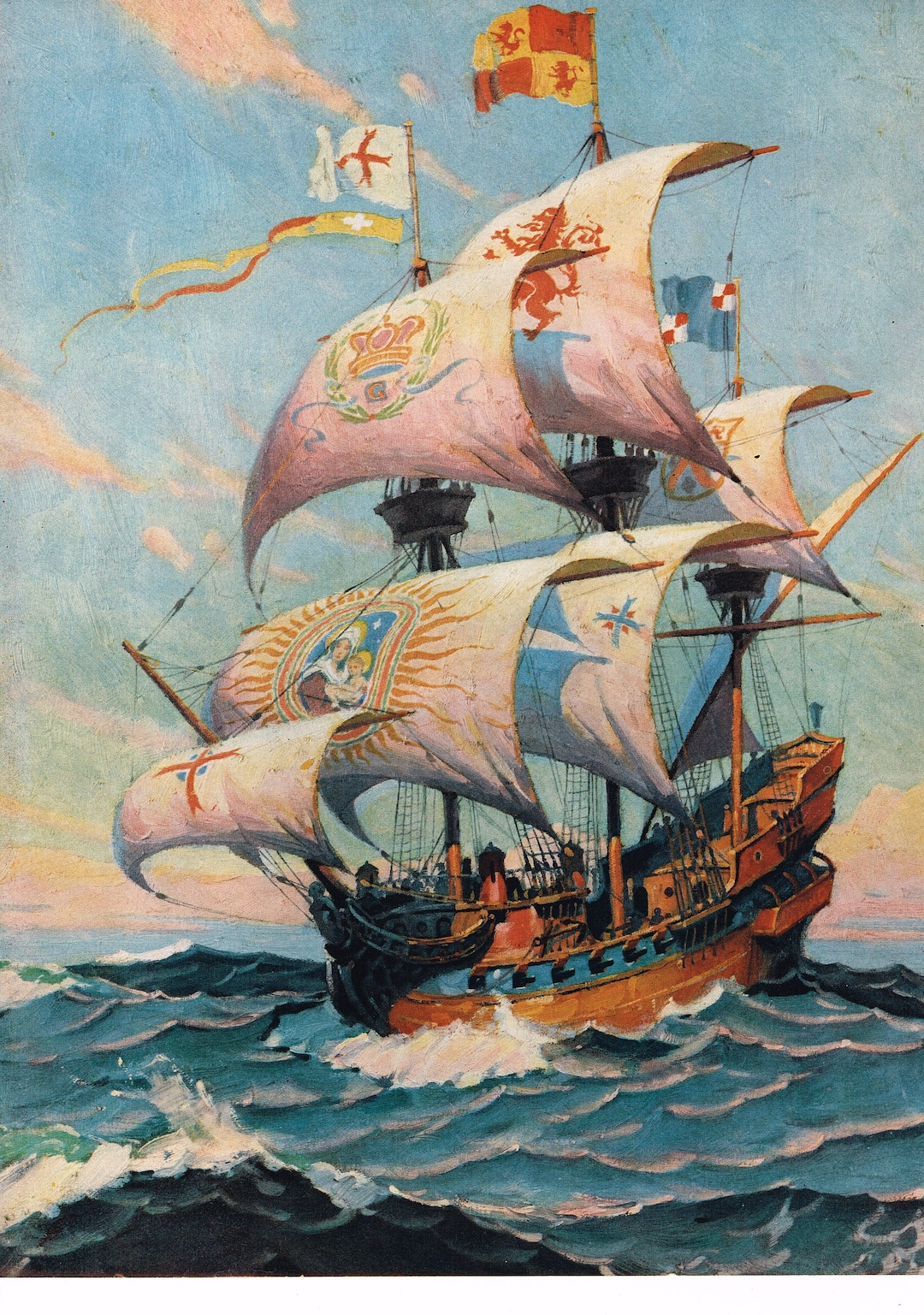 オリジナル本物ヴィンテージプリント 1930年頃 航海用帆船ガレオン船