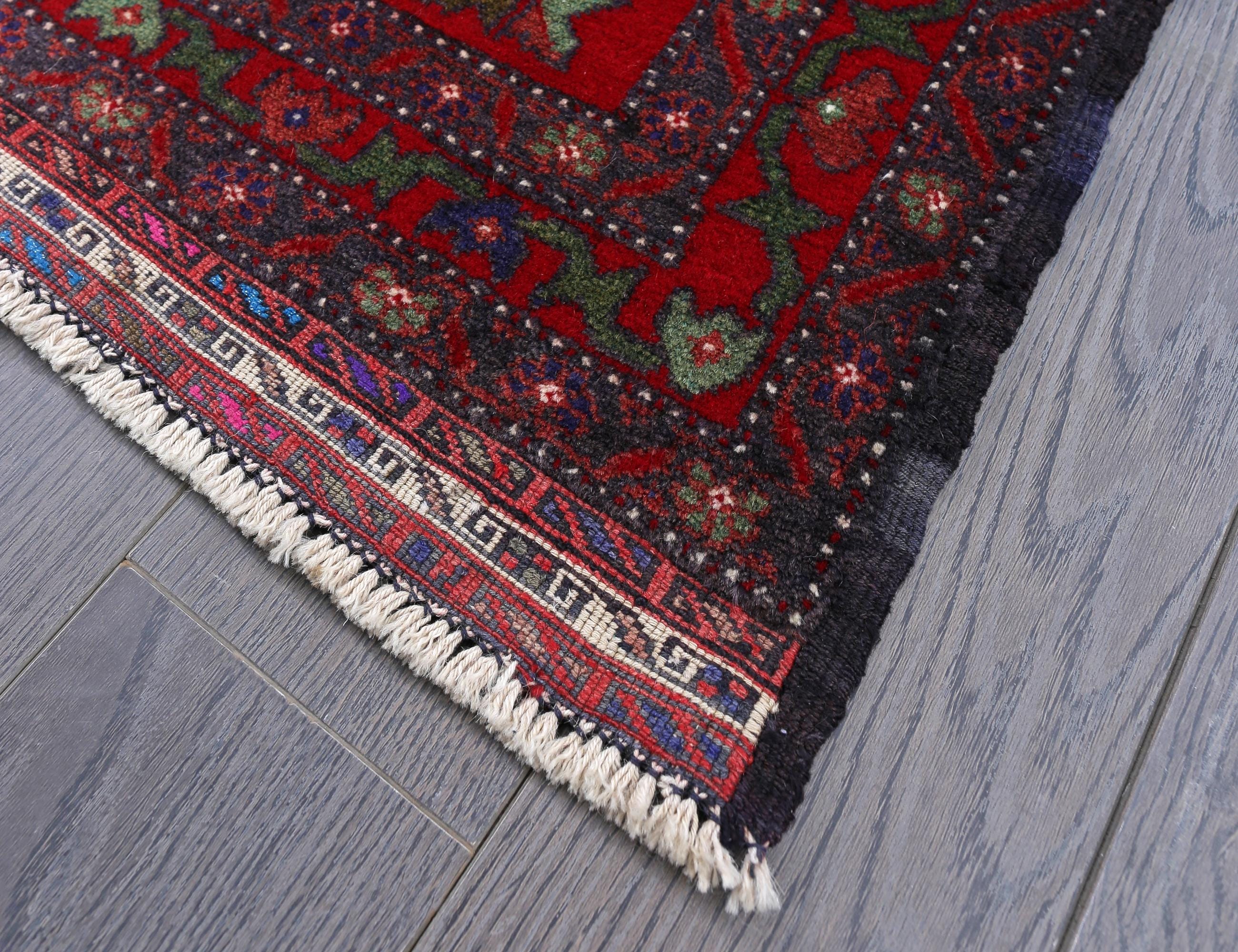 トライバル ウール製 赤い幾何学模様ラグ 約65cm✖️51cm トライバル