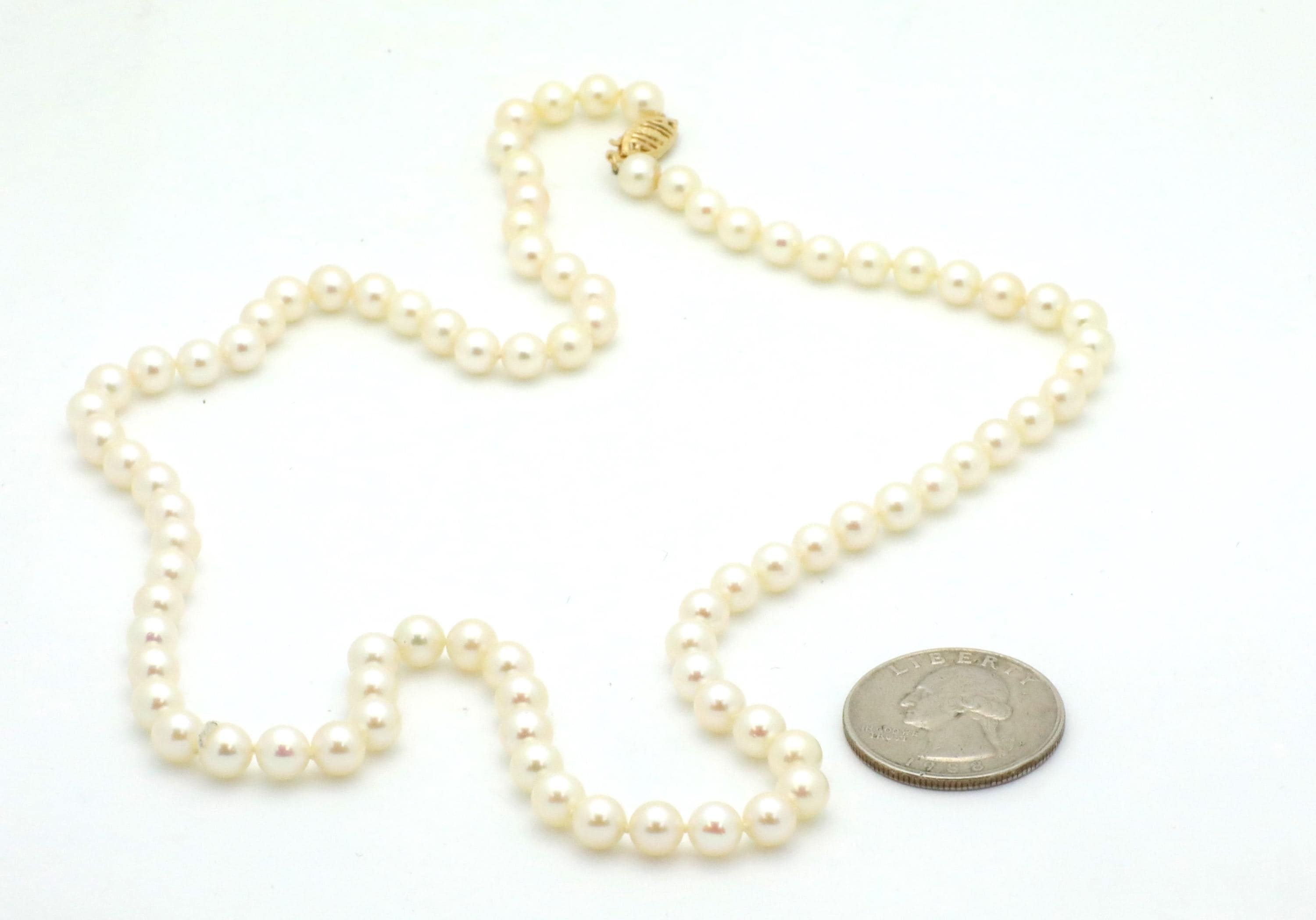 Vintage 1990's Classic White Pearl Necklace w/ 14K Yellow Gold