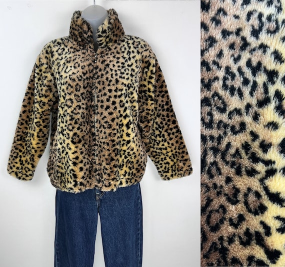 90s Vintage Leopard Print Faux Fur Coat Medium VEGAN Fur Coat