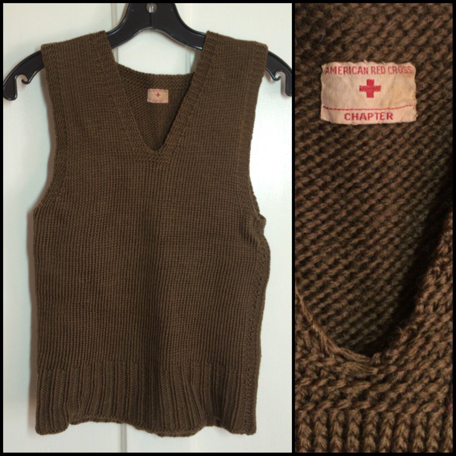 Vintage 1940's WWII American Red Cross Wool Hand Knit Sweater Vest