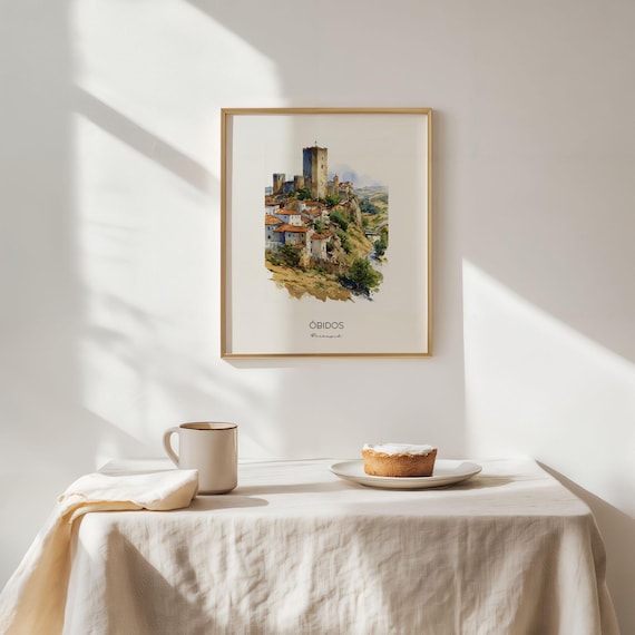 オビドス ポルトガル 水彩アート プリント - 都市景観 風景 ウォール