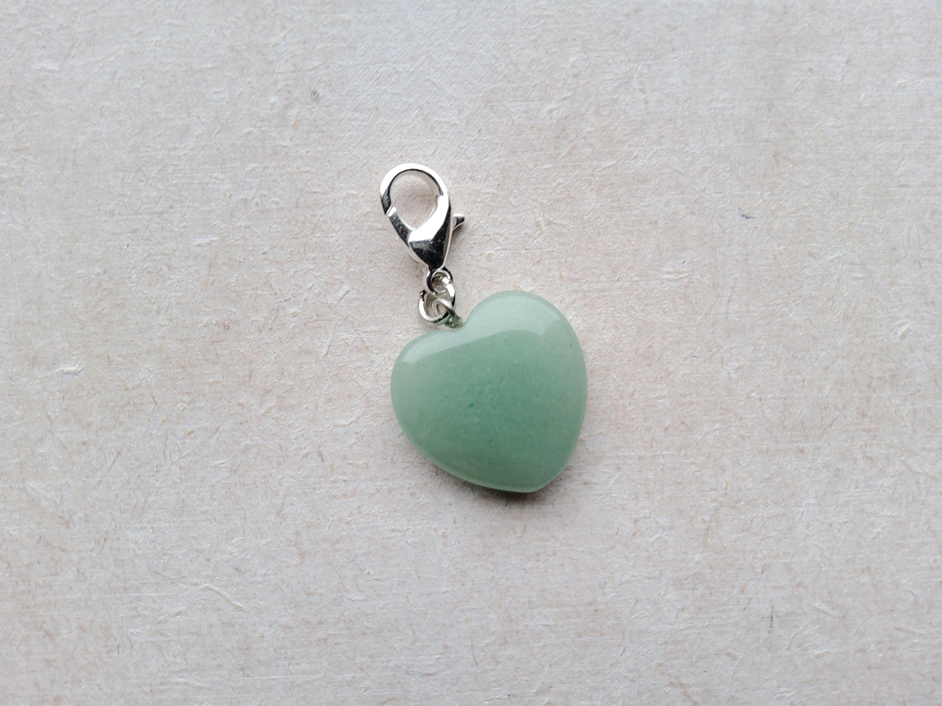 Large Green Aventurine Gemstone Heart Clip on Charm, Silver