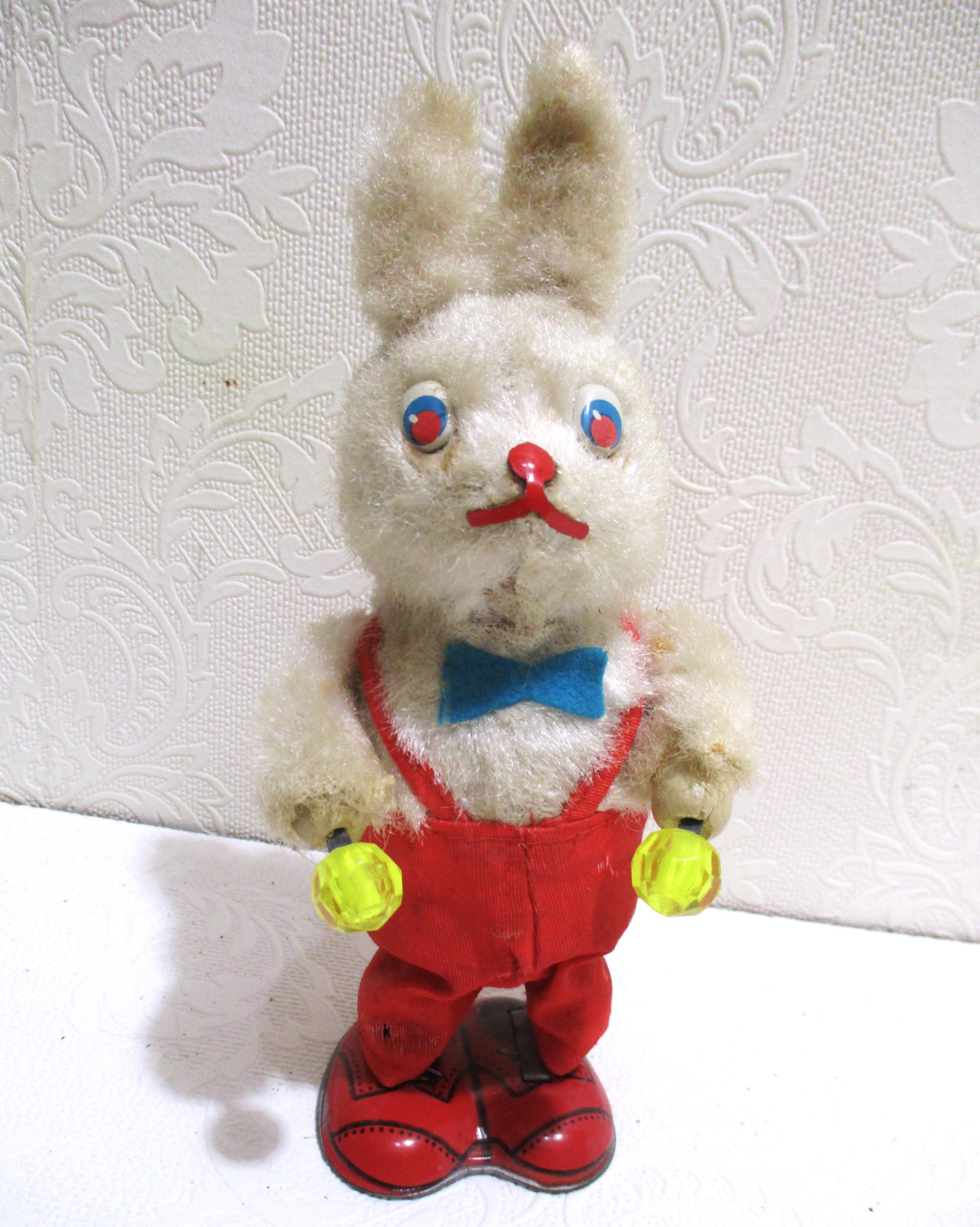 Vintage Japan Tin & Plush Wind up Rabbit Toy With Maracas, 7 1/2