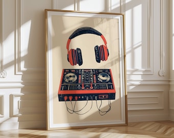 Retro Music Poster: DJ Mixer and Headphones Print - Trendy Studio