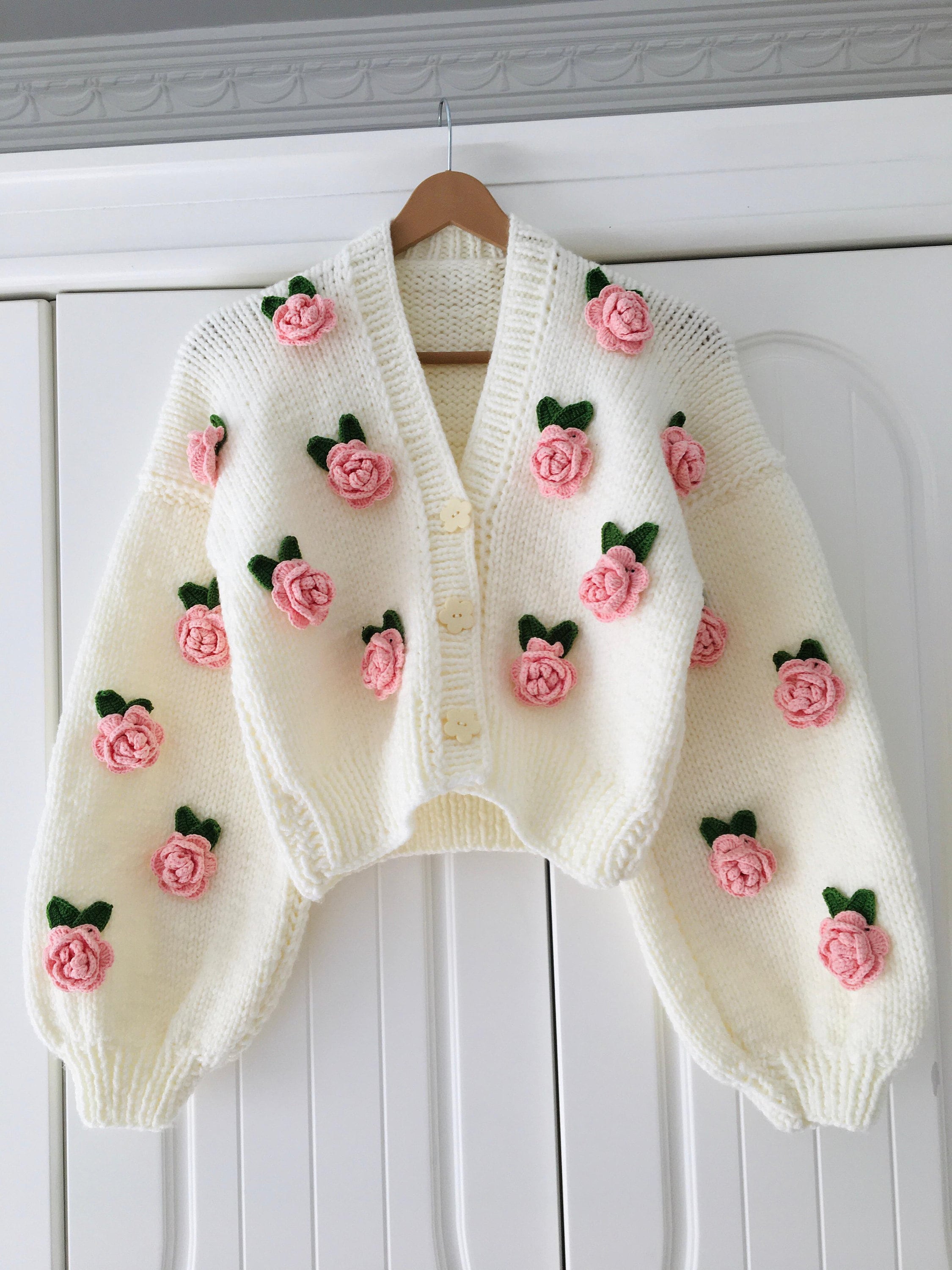 Handmade Pink Roses Cardigan: Floral Chunky Knit Crop Top - Etsy