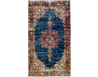 ヴィンテージ トルコ製エリアラグ - 3x7 ネイビーブルー フローラル