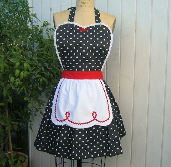 Apron LUCY, Retro Apron, Black Polka Dots With Red Womens Full