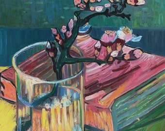 グラスに咲くアーモンドの枝と本 - フィンセント・ファン・ゴッホの