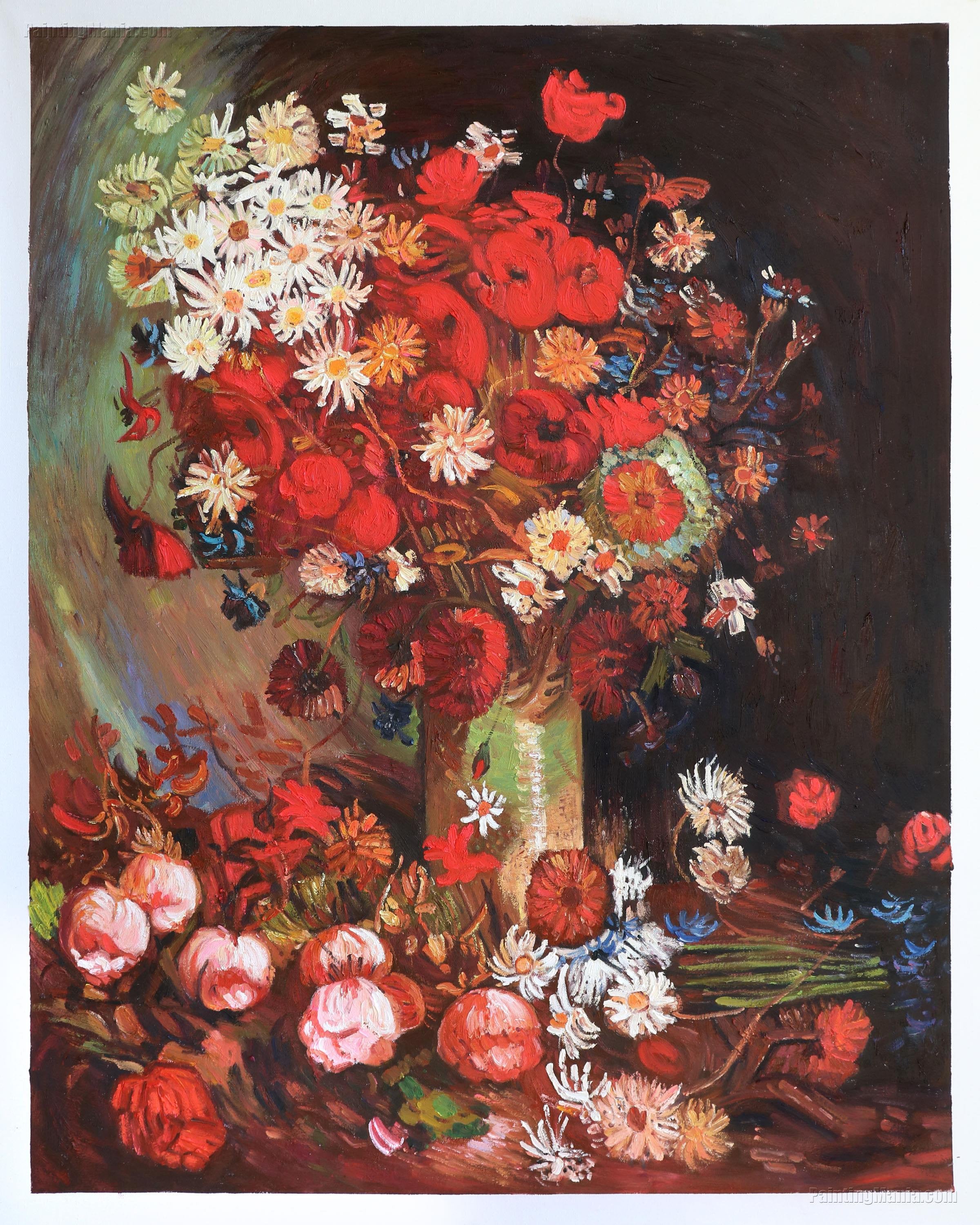 ポピー、ヤグルマギク、シャクヤク、菊の花が入った花瓶