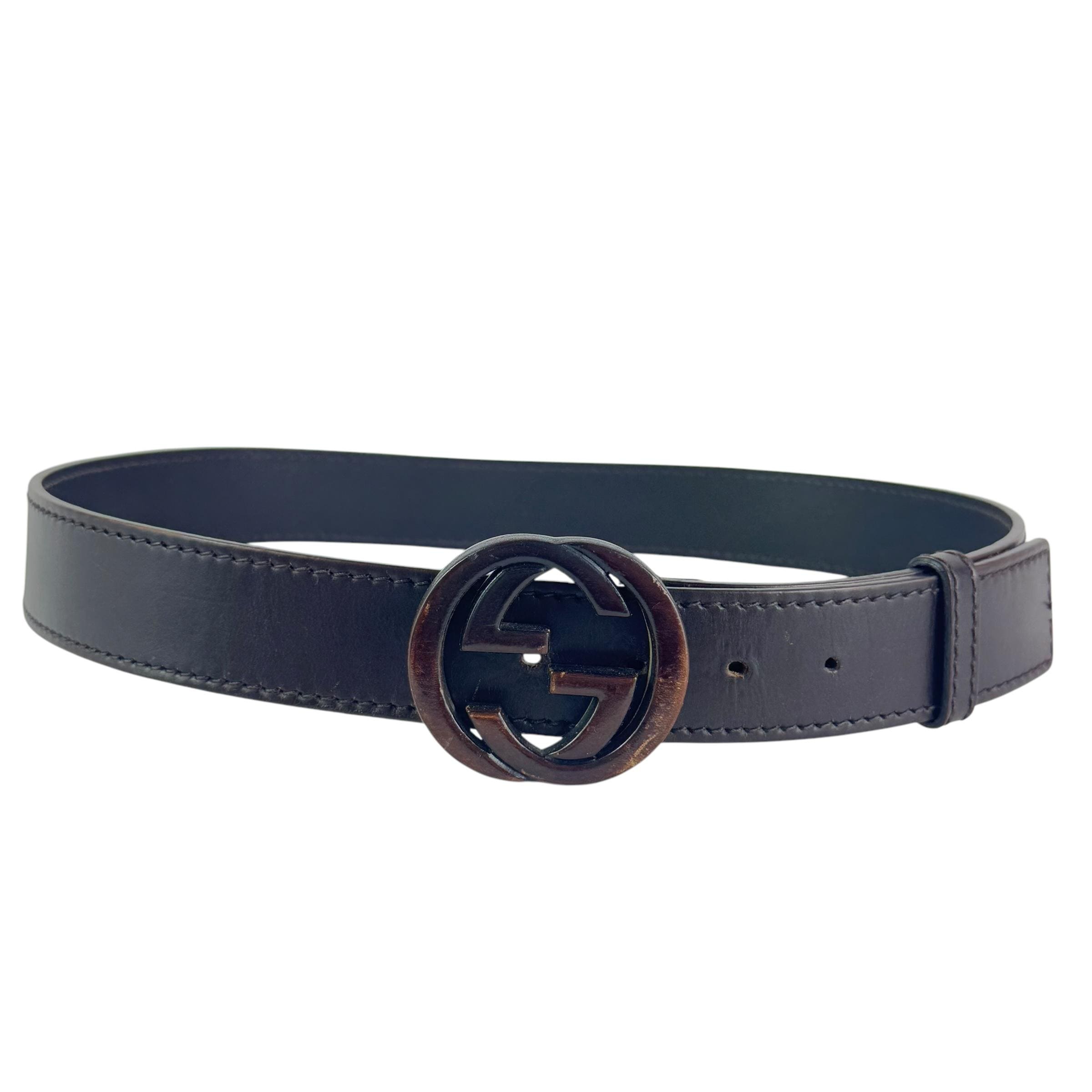 GUCCI ブラウンレザー GGウッド インターロッキングバックル メンズ