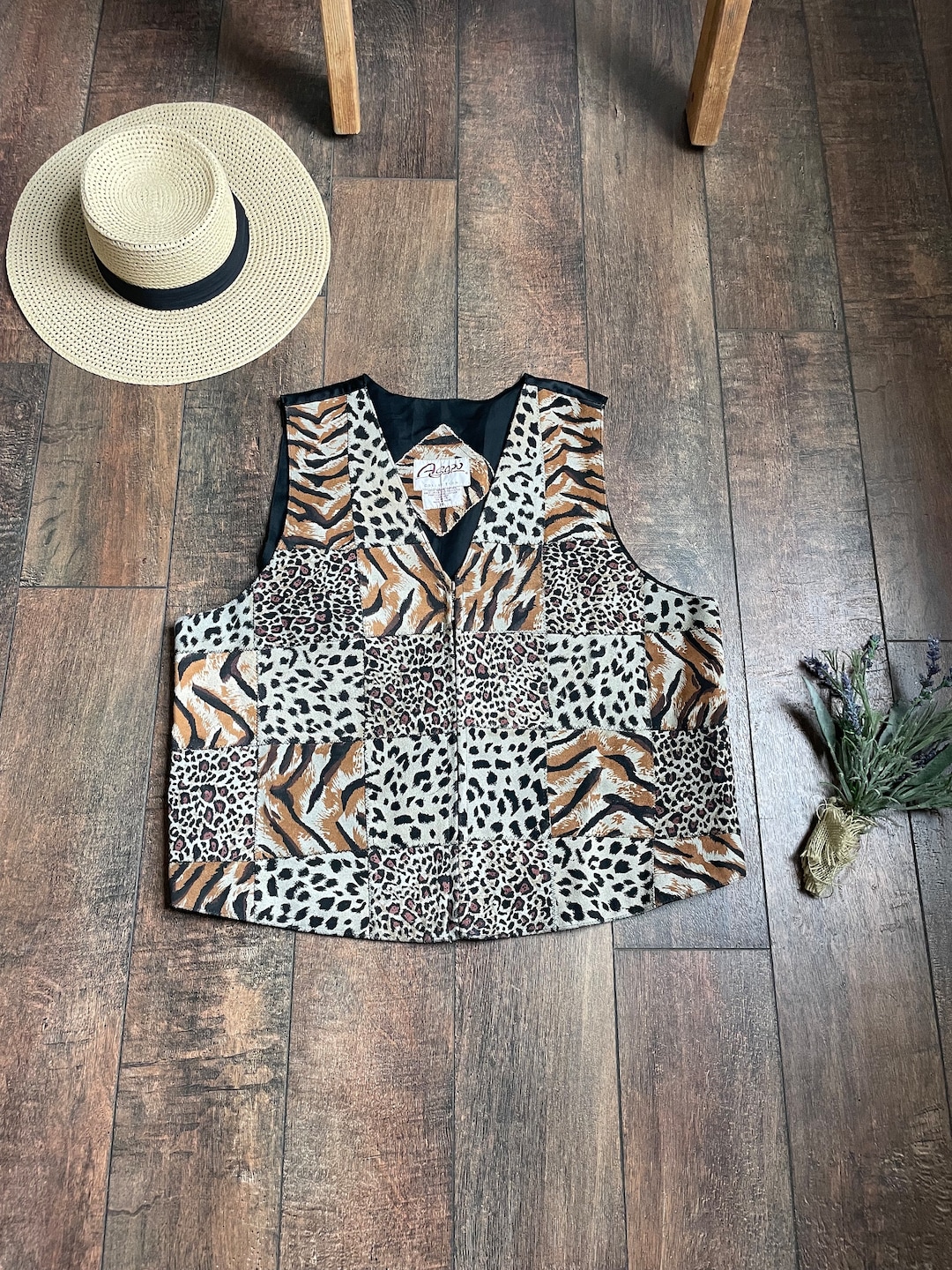 Vintage 90s Leather Leopard Print Vest,90s Safari Vest,vintage