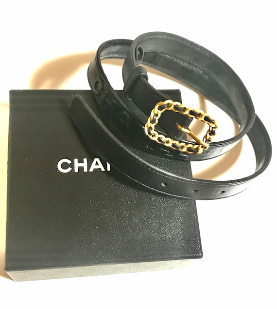 Vintage CHANEL Black Skinny Belt With Golden Chain Buckle and Logo