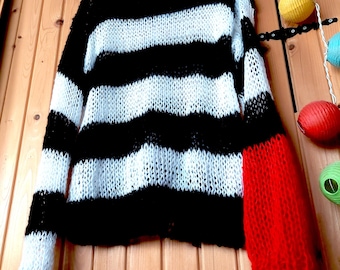 Striped Grunge Mohair Sweater, Red Black White Stripey Jumper