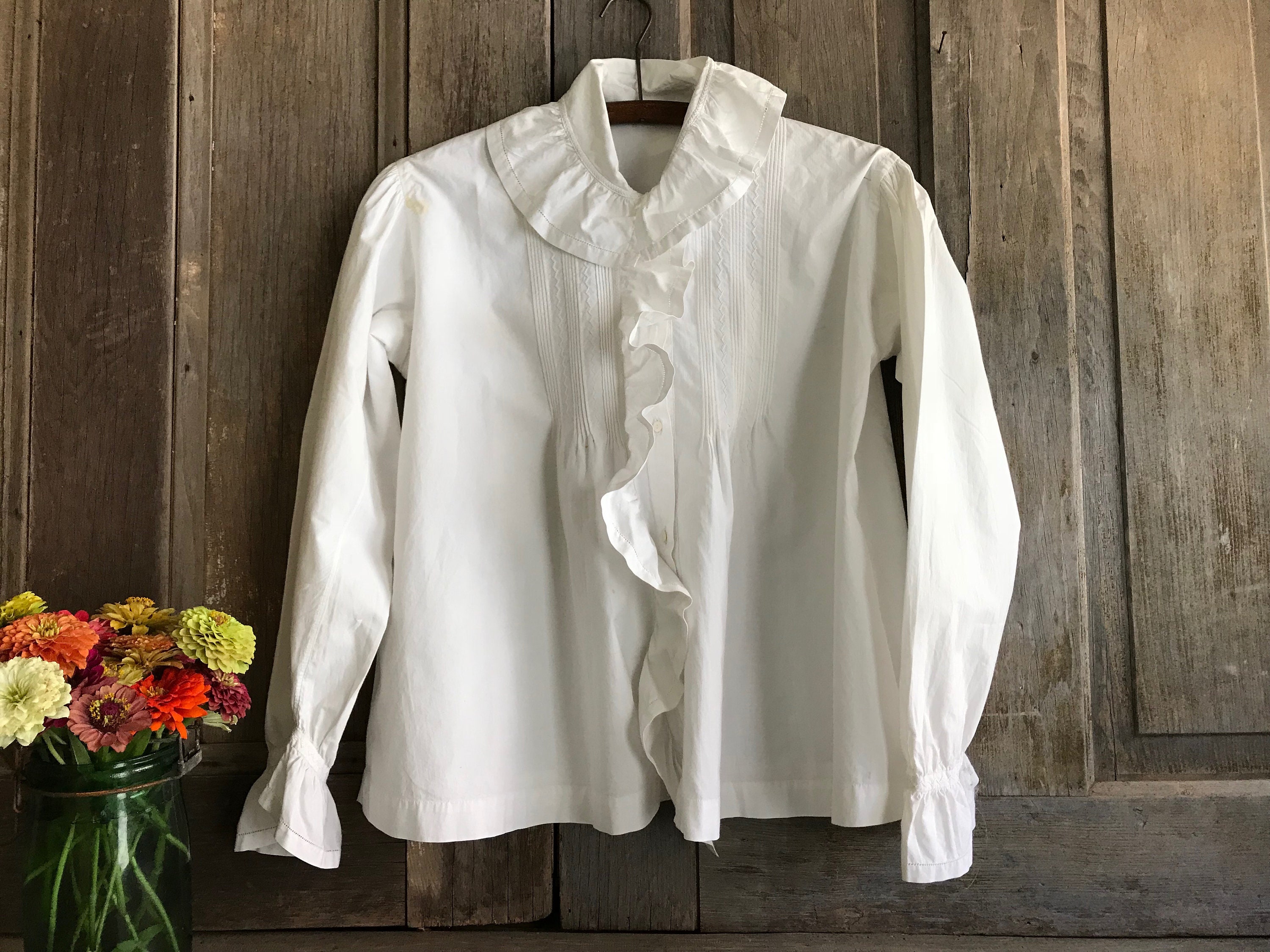 French White Cotton Chemise Blouse, Flounce Chemisier, Ruffle
