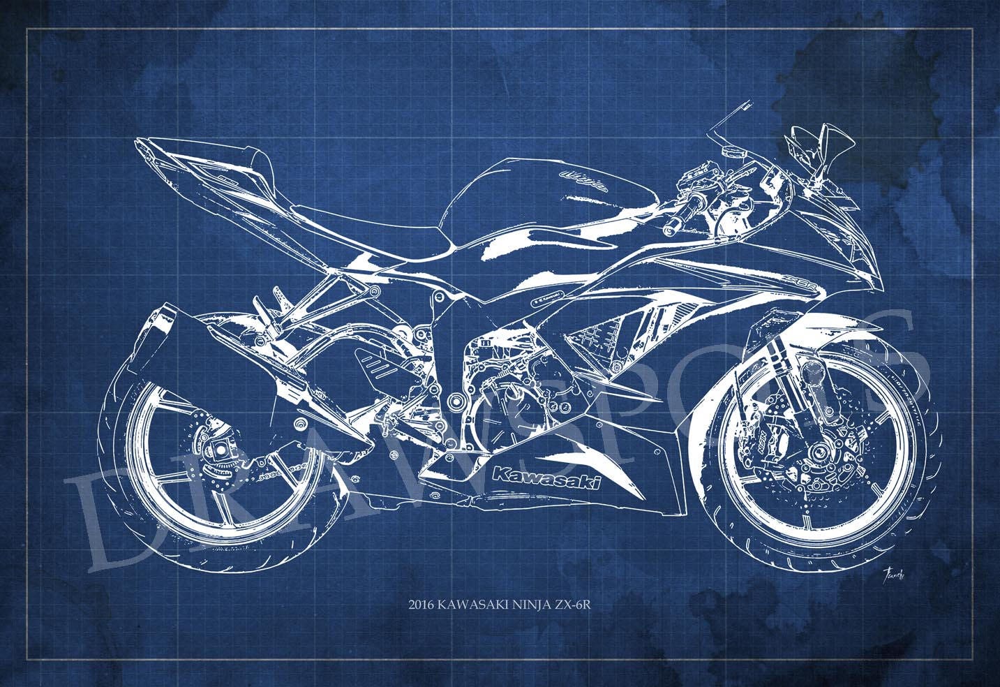 2016 Kawasaki Ninja ZX-6R Blueprint, Art Print 8x12in to 60x41in
