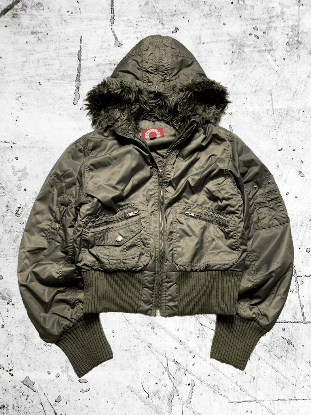 Y2K Olive Green Bomber Jacket With Faux Fur Hood – Cropped