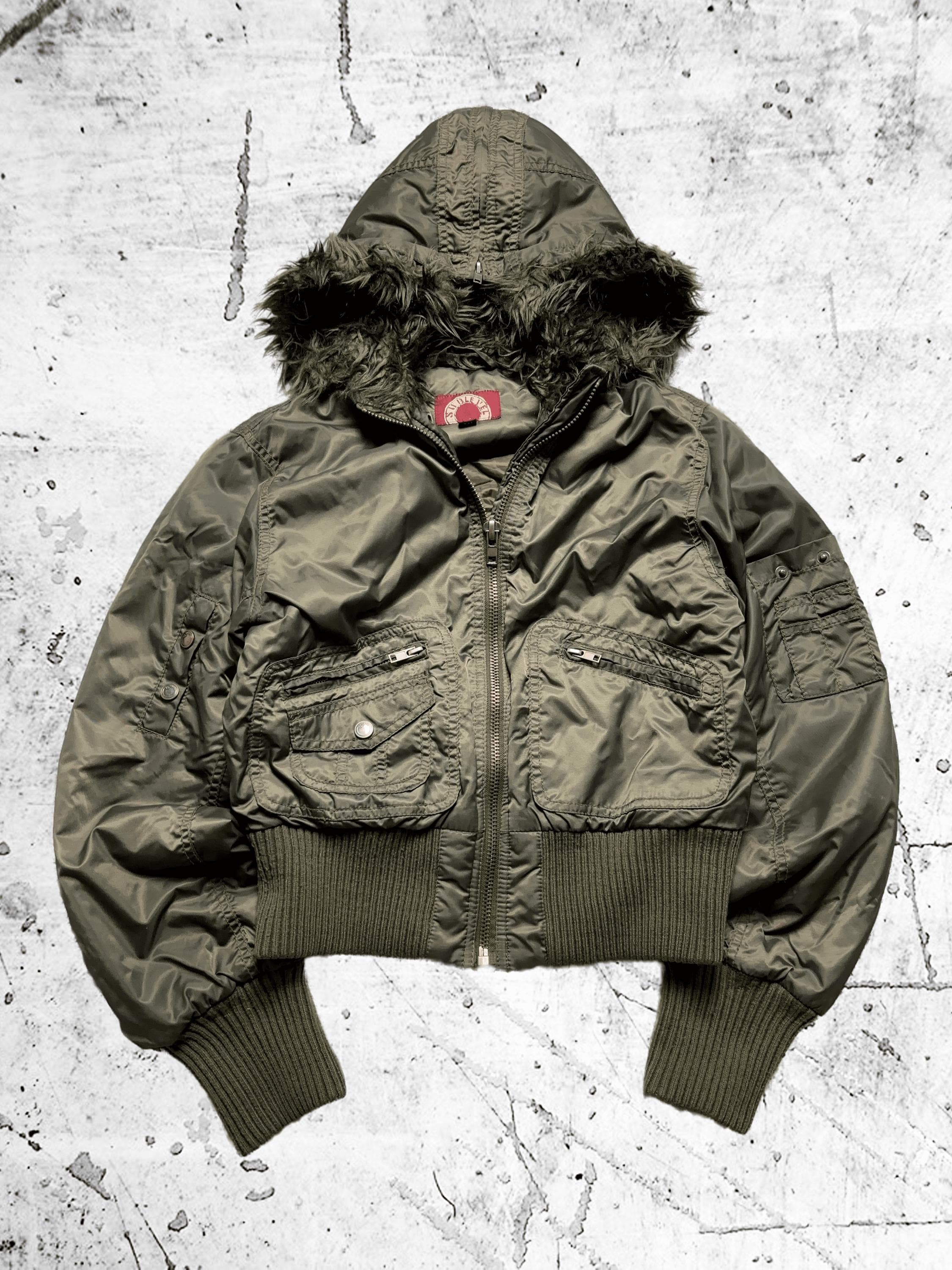 Y2K Olive Green Bomber Jacket With Faux Fur Hood – Cropped
