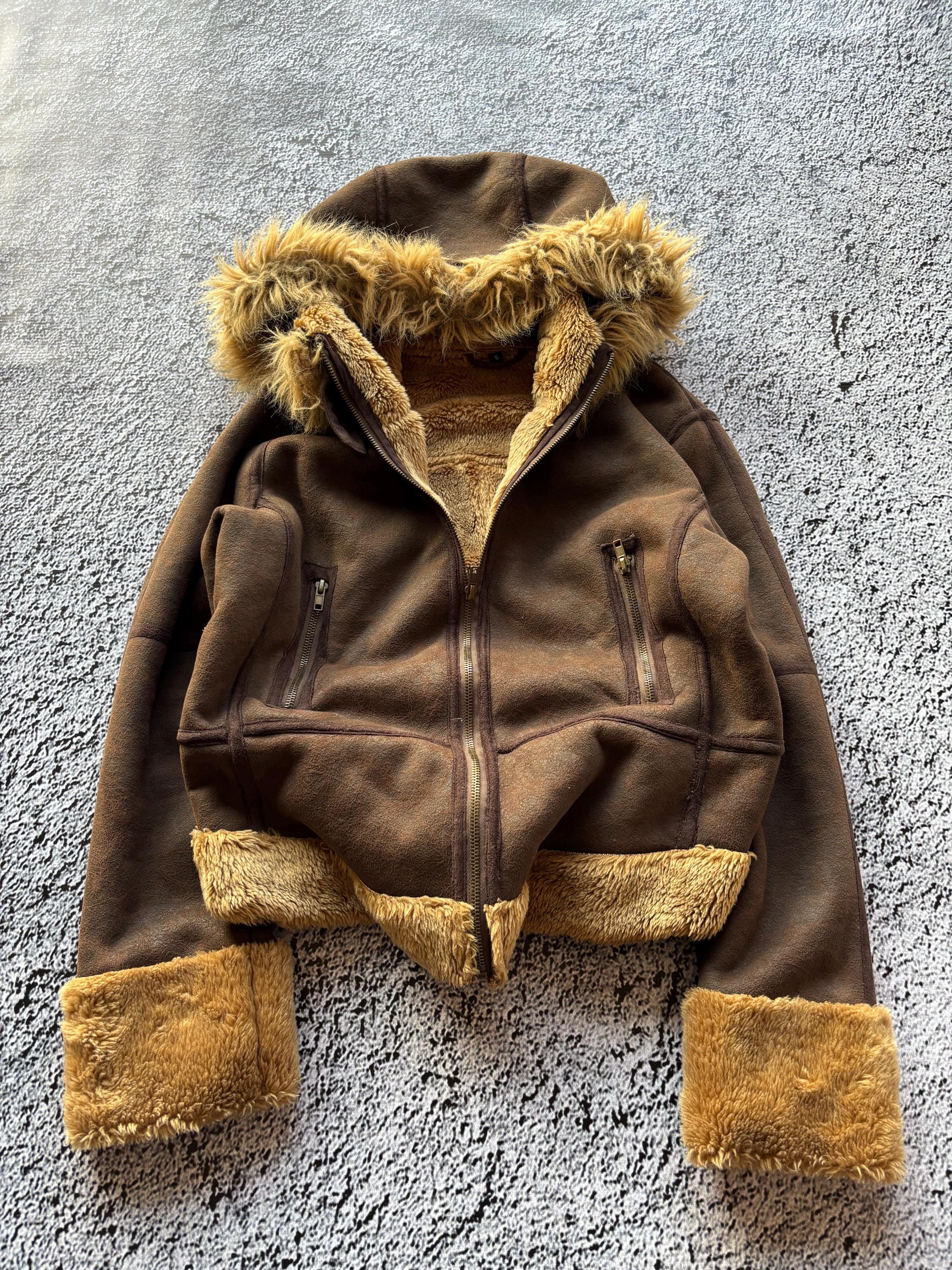 Y2K Brown Faux Shearling Jacket | Cropped Sherpa Zip Hoodie