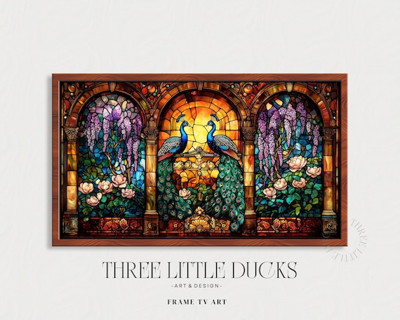 ビクトリア朝のステンドグラスの孔雀と藤のフレームのテレビアート