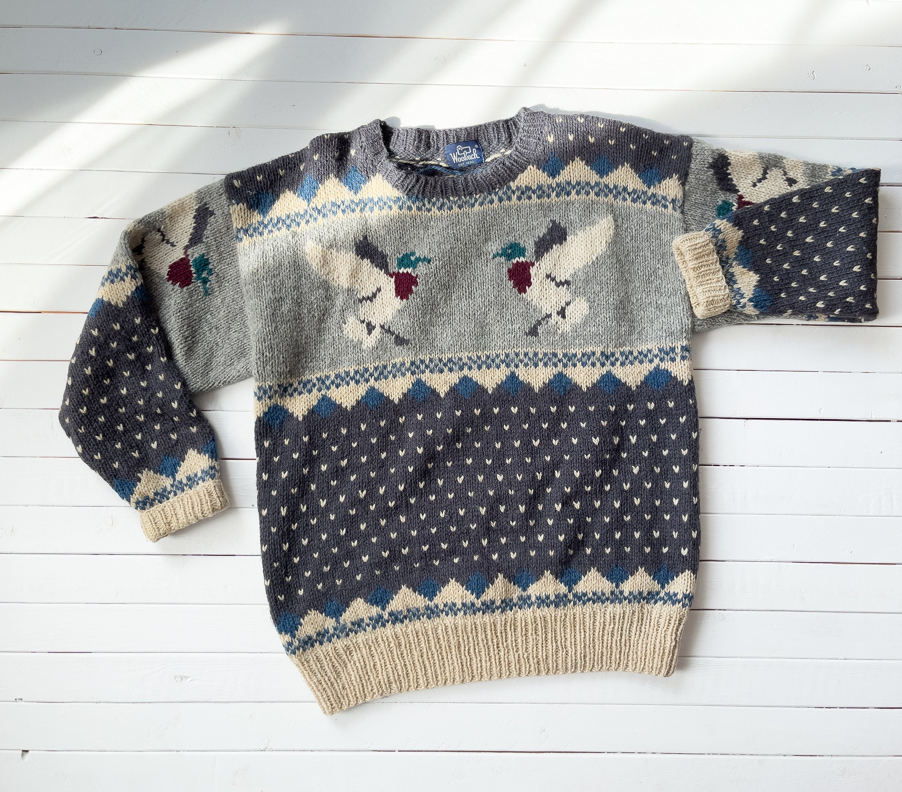 Duck Wool Sweater 80s 90s Vintage Woolrich Gray Cream Intarsia