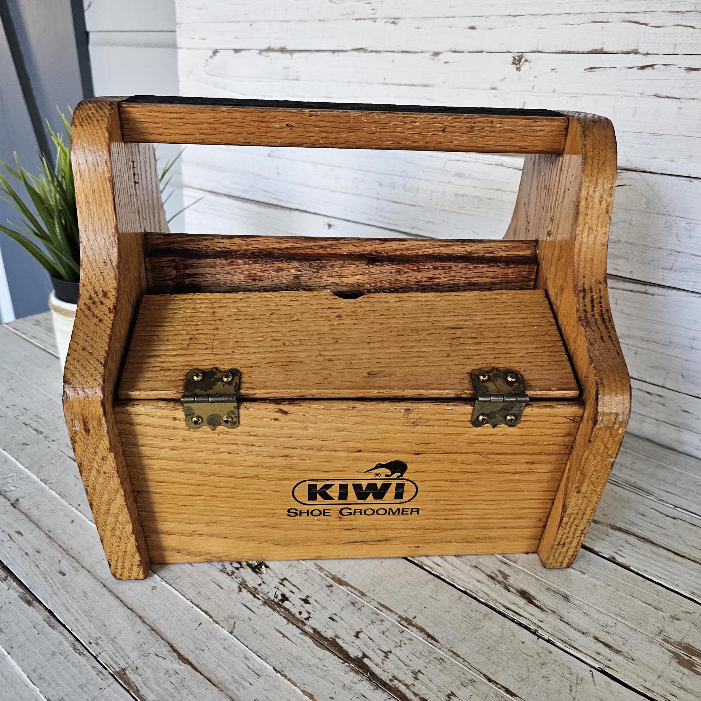 Vintage Kiwi Shoe Shine Box: Wooden Storage Caddy With Alamo Brush